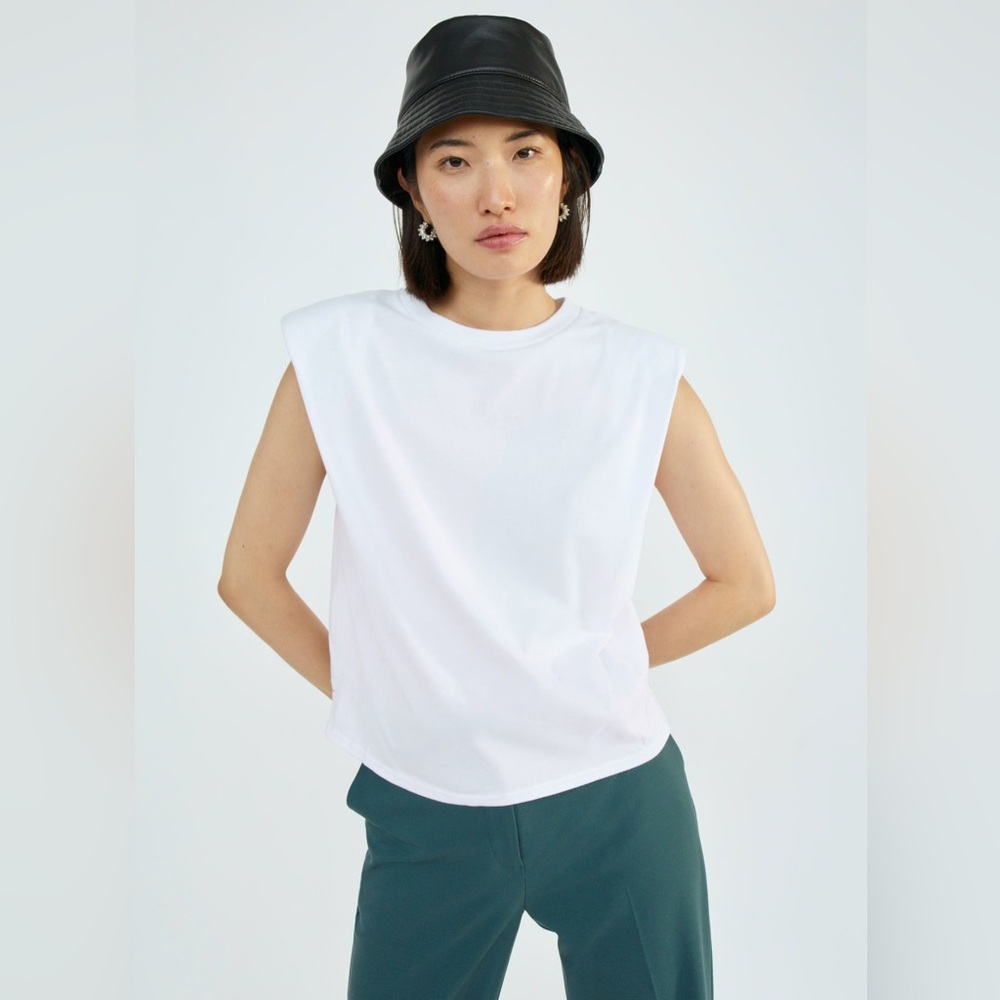 Aritzia White Padded-Shoulder Short Sleeve Tee